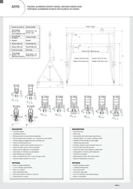 Folding aluminum gantry crane 250kg span 2m height H0