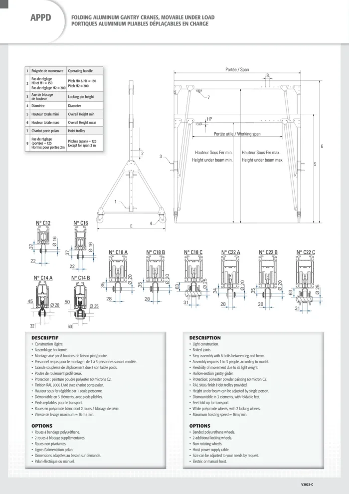 Folding aluminum gantry crane 250kg span 2m height H0