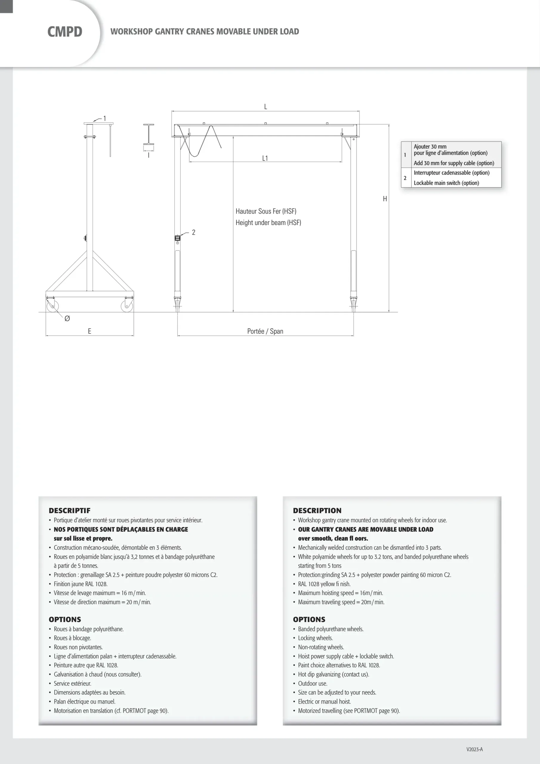 Workshop gantry crane 1000kg span 8m height 3m