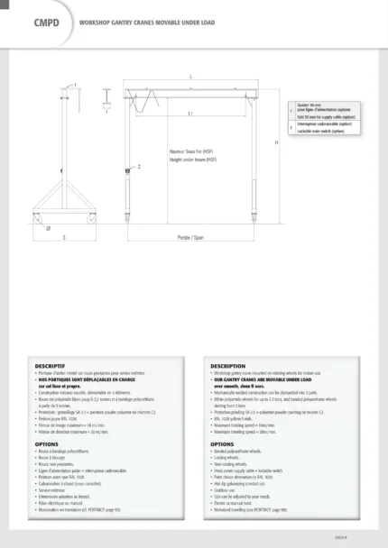 Workshop gantry crane 1600kg span 4m height 4m