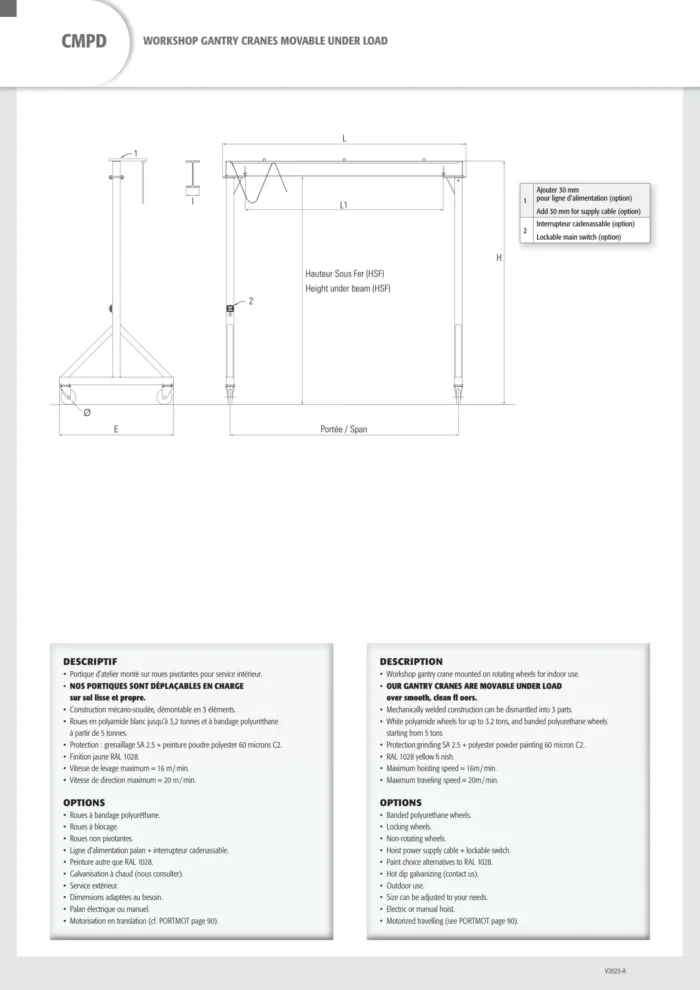 Workshop gantry crane 1600kg span 4m height 4m