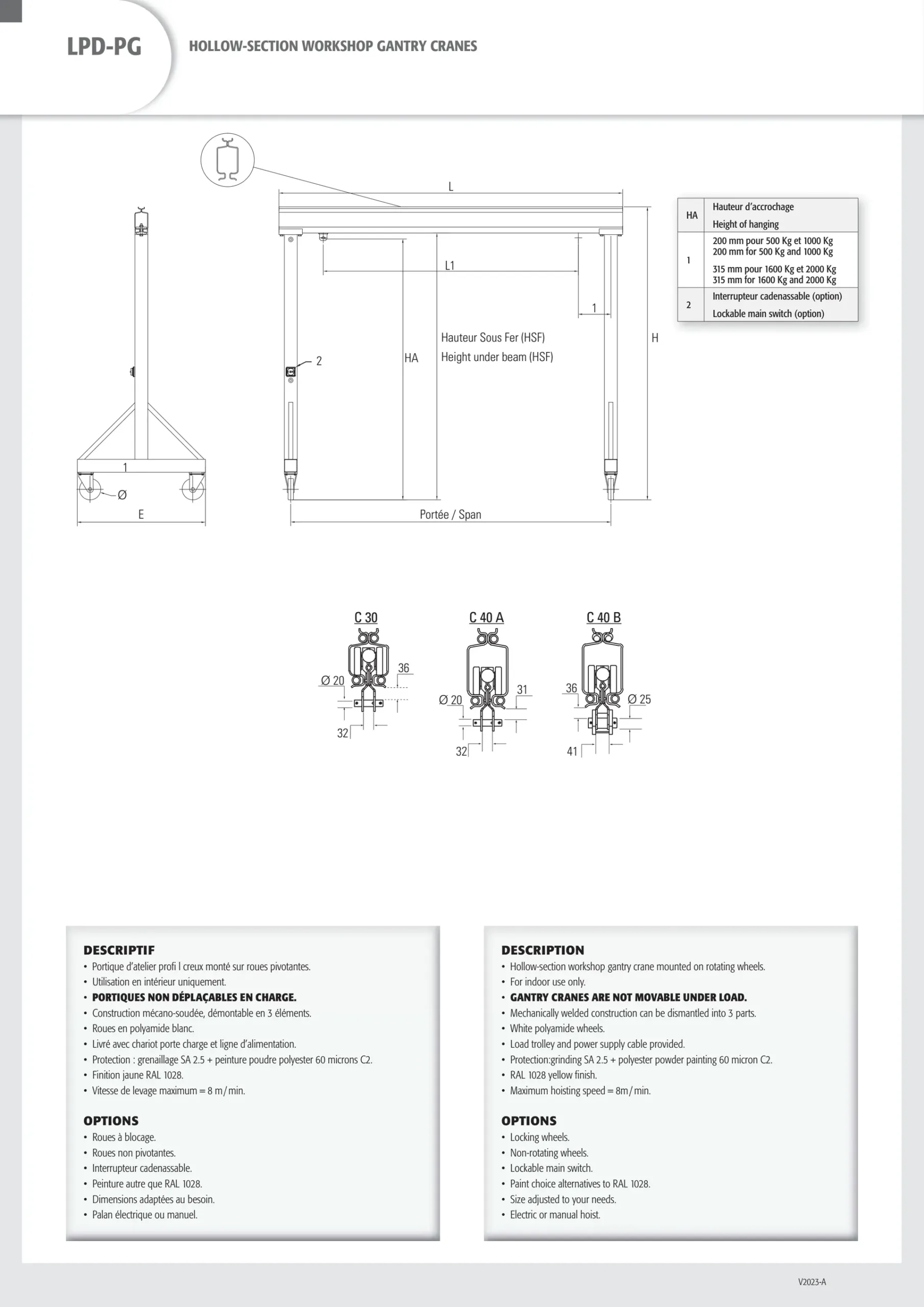 Hollow section workshop gantry crane 500kg span 5m height 3m