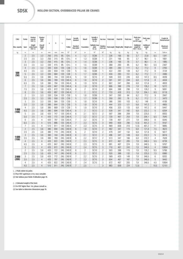 DELACCO SDSK hollow-section overbraced pillar jib cranes specifications 3
