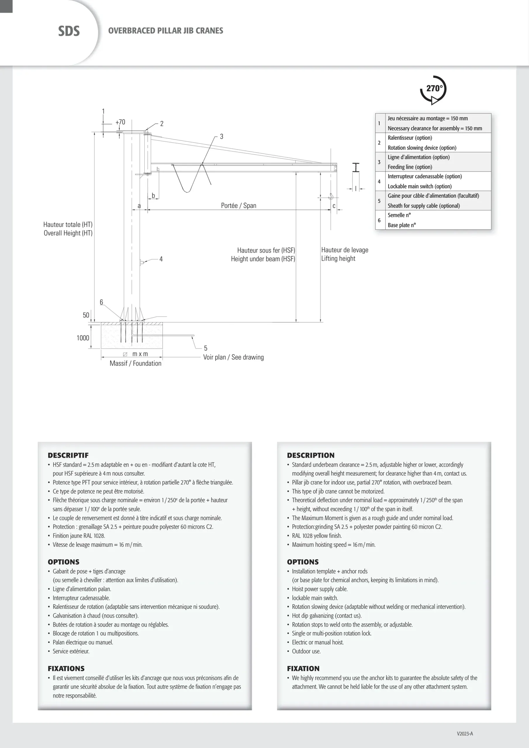 Overbraced pillar jib crane 150kg span 5.5m height 2.5m