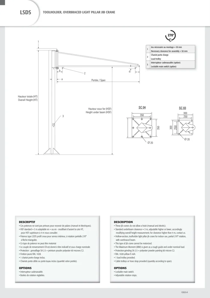 Overbraced light pillar jib crane 50kg/80kg/100kg - toolholder - specifications 1