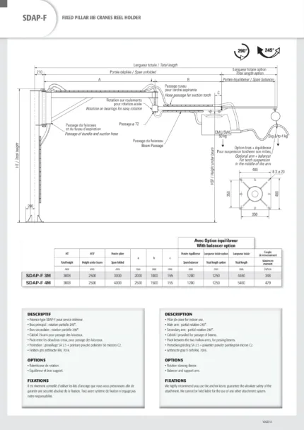 DELACCO SDAP-F fixed pillar jib cranes reel holder specifications