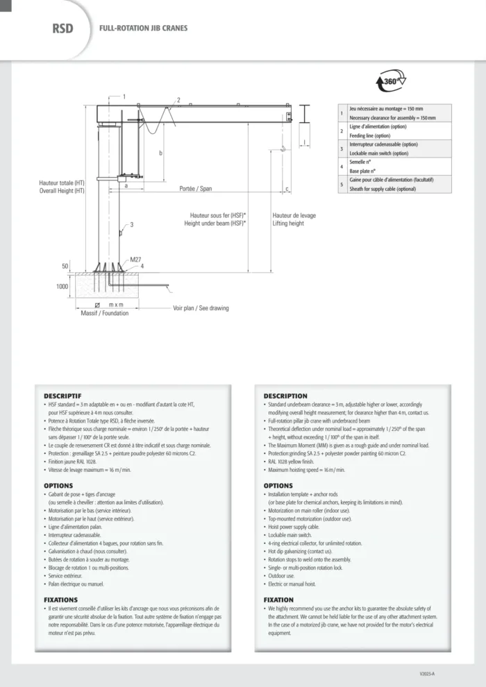 Full-rotation pillar jib crane 150kg span 7m height under beam 3m