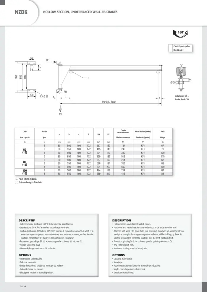 Hollow-section, underbraced wall jib cranes NZDK50-3m