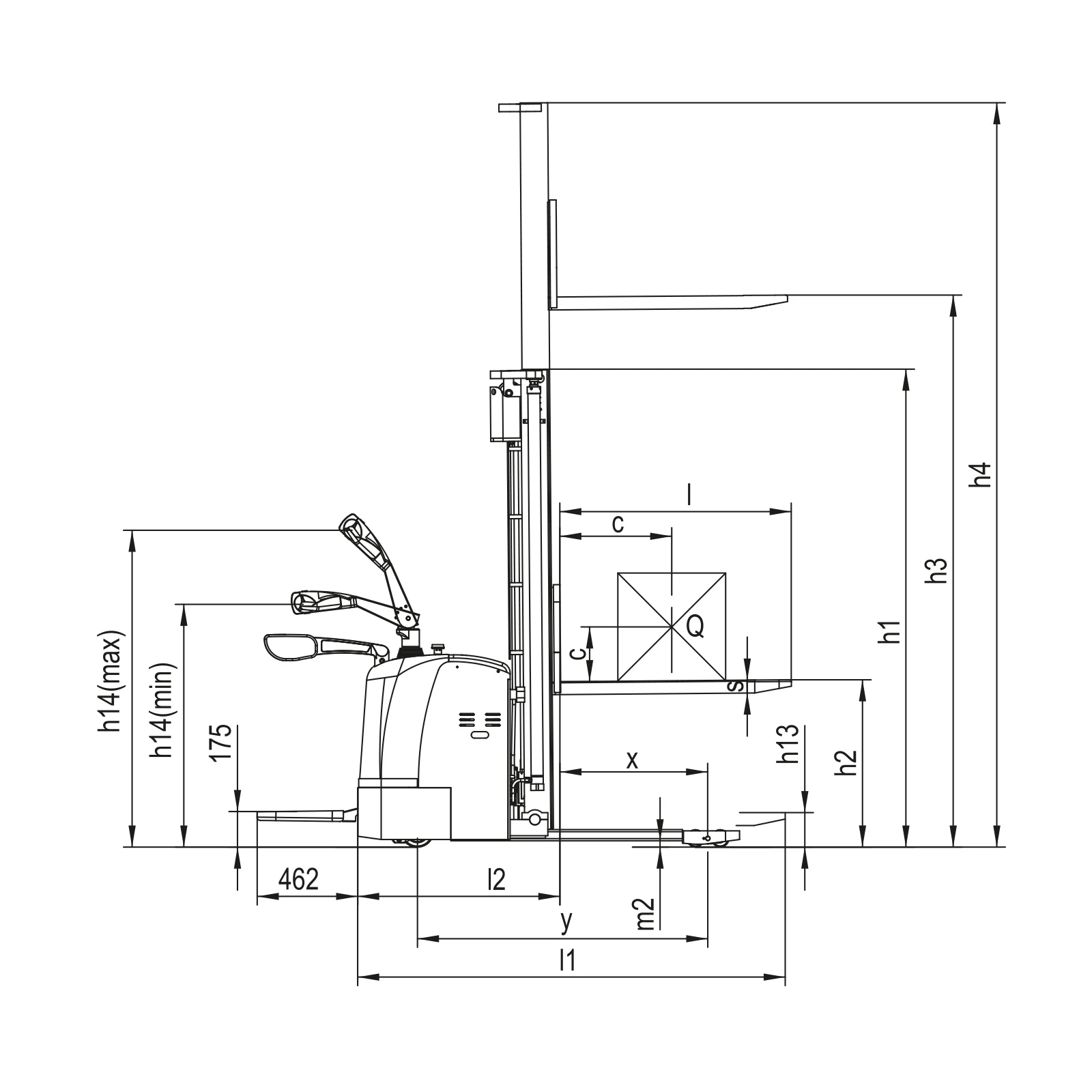 DELACCO EVV20-P electric rider stacker dimensional drawing, side view with lift height h3, mast heights h1 and h4 and overall length l1