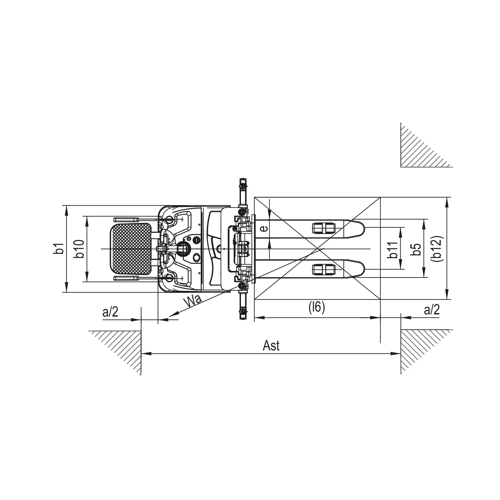 DELACCO EVV20-P electric rider stacker dimensional drawing, top view with overall width b1, fork spread b5 and working aisle width Ast