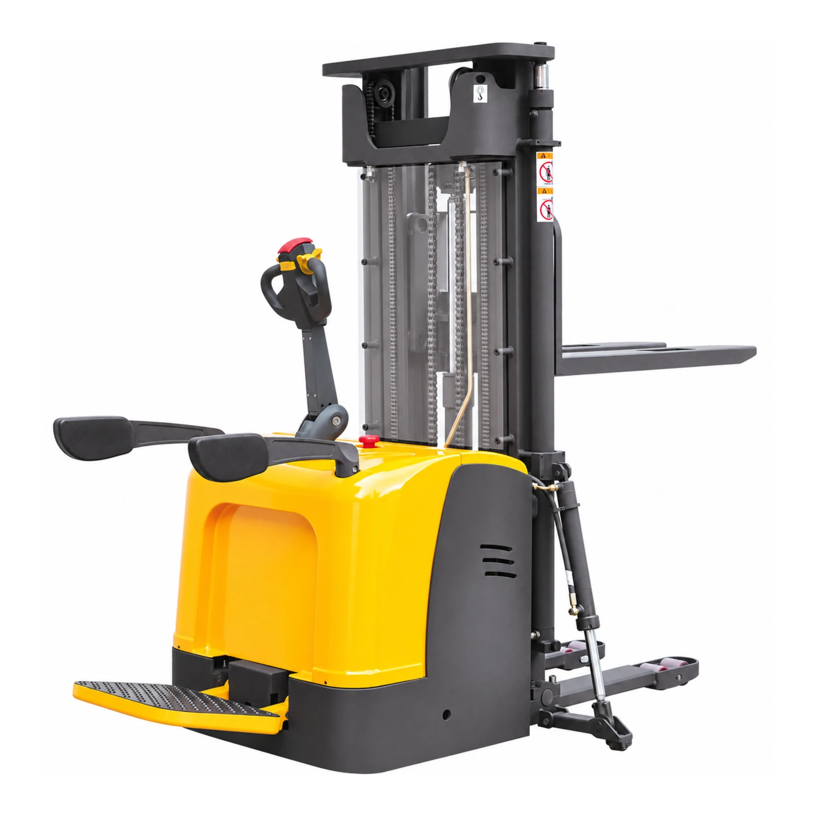 DELACCO EVV20-P electric rider pallet stacker, 2000 kg capacity, with fold-down rider platform and triplex mast