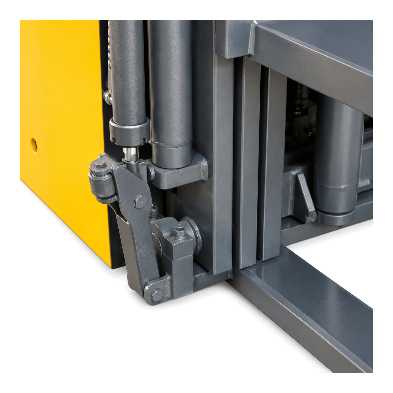 Close-up of the EVV20-P stacker mast with lift cylinders, lift chains and fork carriage