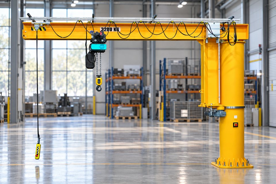 Comege RSD full-rotation pillar jib crane with electric chain hoist in an industrial hall